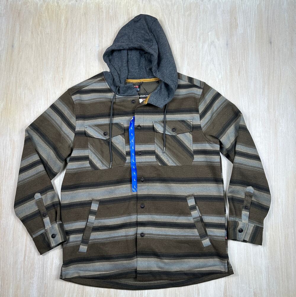 NWT Quiksilver Hooded Striped Shirt Jacket Fleece Lined Button Up Shacket Large